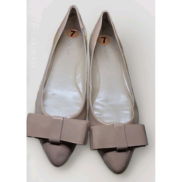 Nine West Shoes - Nine West Sz 7 Vegan Patent Leather Nude Ballet Flats With Large Bow #451